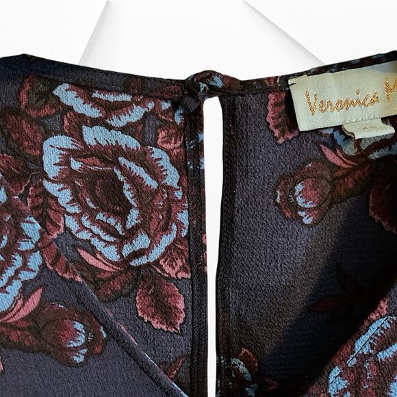 "Veronica M"-Blouse Top Wo men's Size XS Blue Wine Bell Sleeves V-Neck Tie Front - Picture 9 of 13